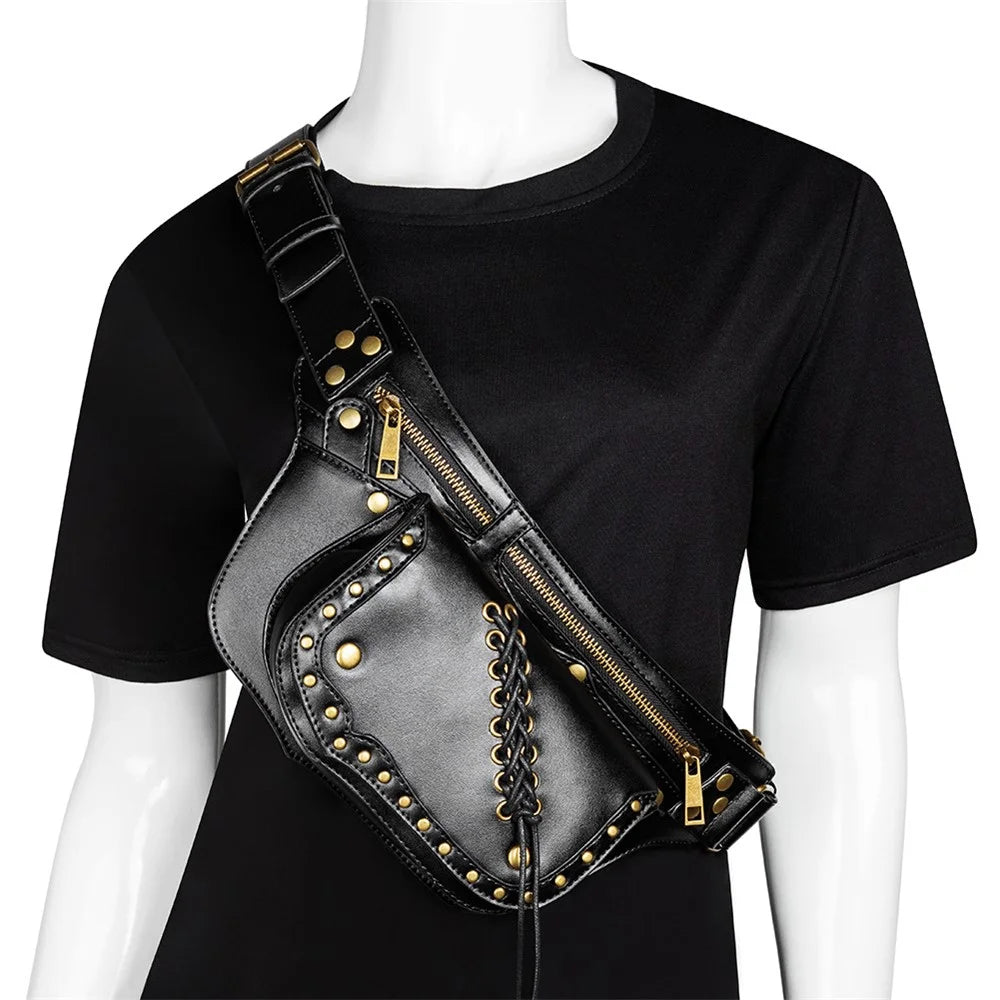 FBG016BK Medieval Punk PU Leather Crossbody Bag Metal Rivet Decor Chest Bag - 2