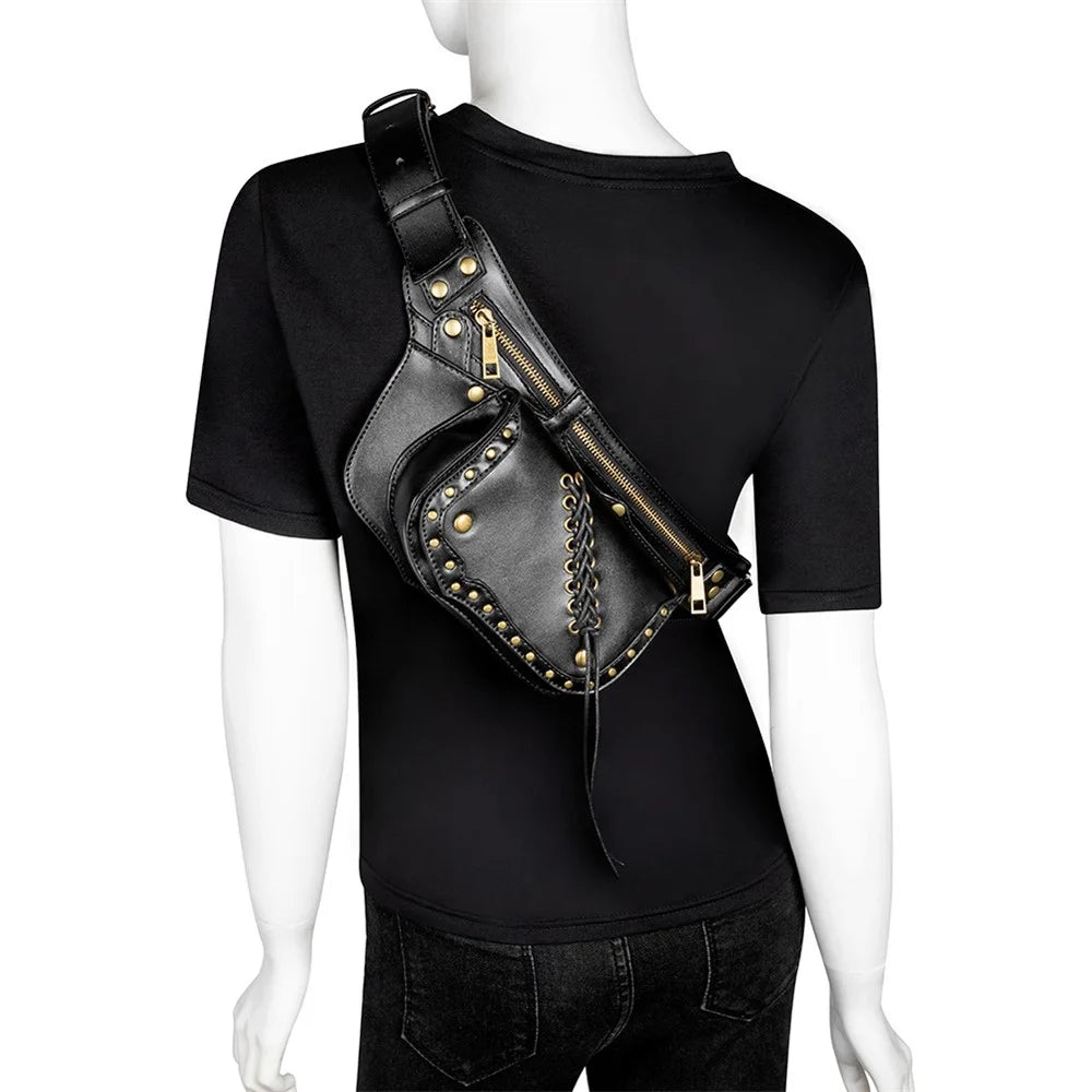 FBG016BK Medieval Punk PU Leather Crossbody Bag Metal Rivet Decor Chest Bag - 5