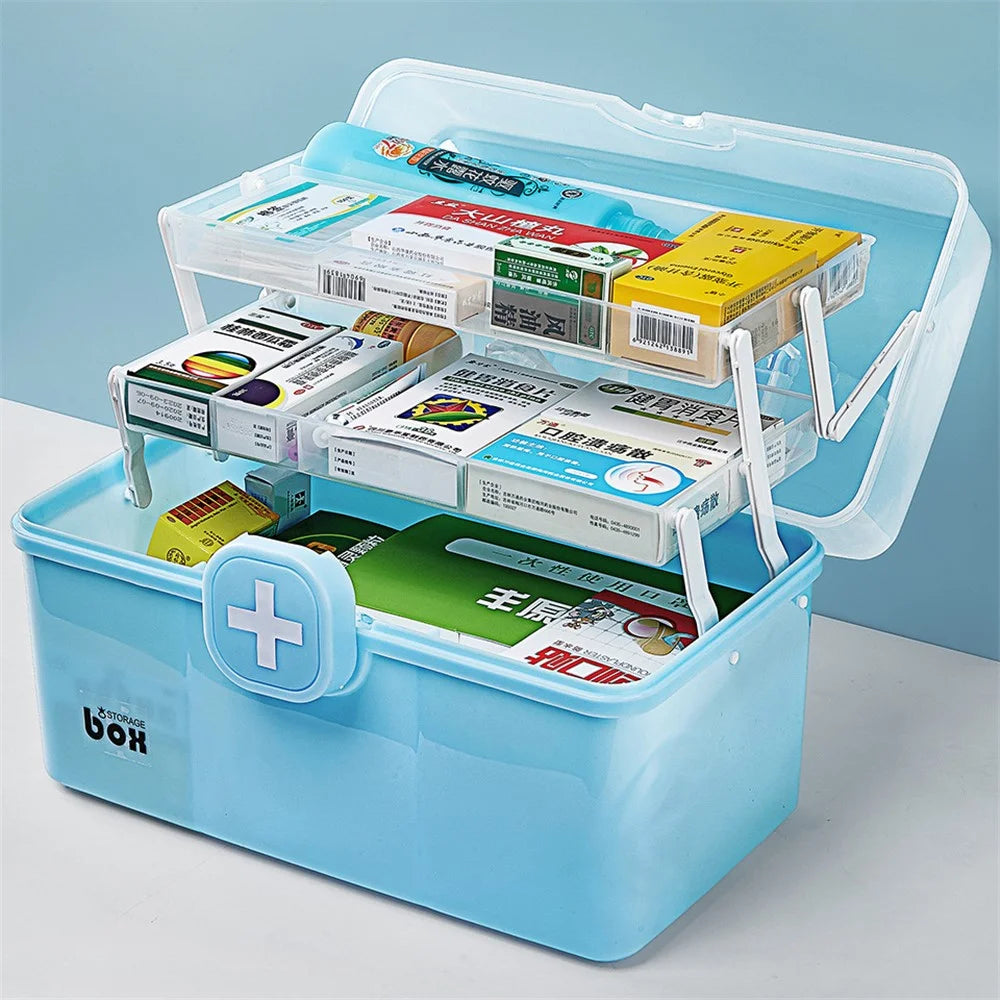 Size L 3-Layer Large Medicine Storage Case Portable Plastic First Aid Box with Lid, 33.5x19x23cm - Blue - 3