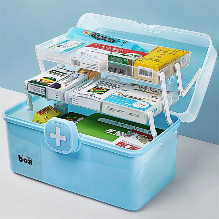 Size S 3 Layer Medicine Case First Aid Emergency Plastic Storage Box for Home Outdoor, 28x16.5x16cm - Blue - 3
