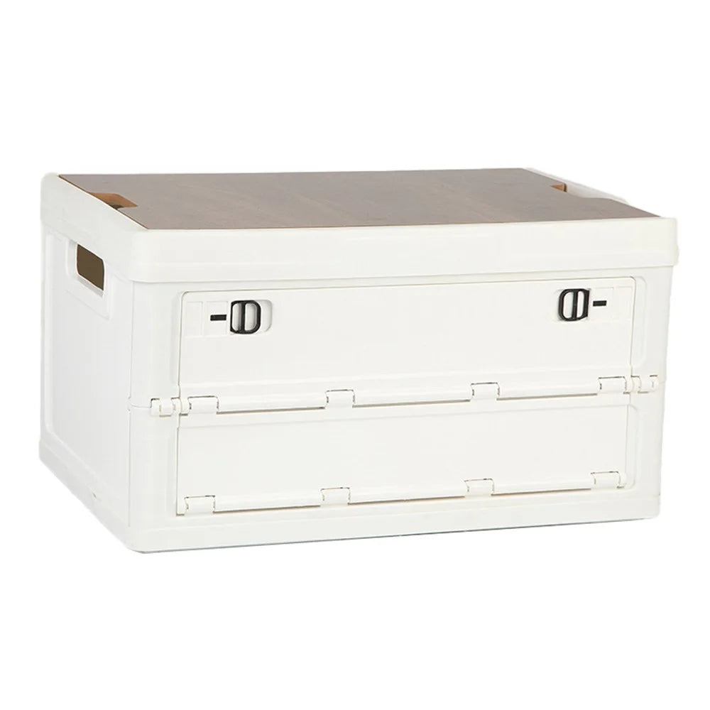 30L Home Outdoor Foldable Storage Box Wood+PP Lidded Organizer Case, 430x285x230mm - White - 1