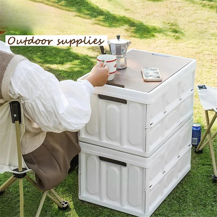 30L Home Outdoor Foldable Storage Box Wood+PP Lidded Organizer Case, 430x285x230mm - White - 2
