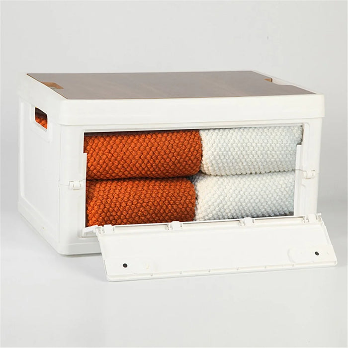 30L Home Outdoor Foldable Storage Box Wood+PP Lidded Organizer Case, 430x285x230mm - White - 4