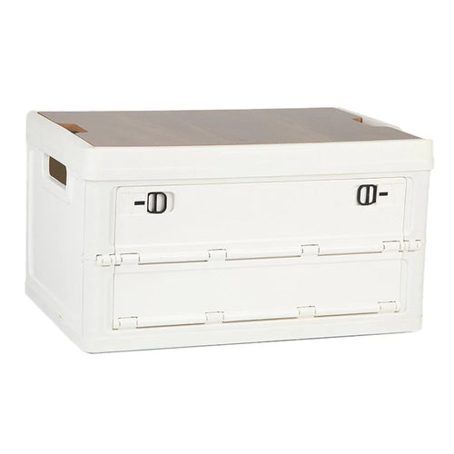 55L Storage Box Wood+PP Outdoor Foldable Storage Organizer with Lid, 525x360x295mm - White - 1