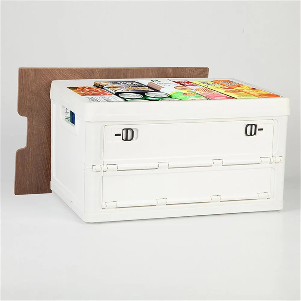 55L Storage Box Wood+PP Outdoor Foldable Storage Organizer with Lid, 525x360x295mm - White - 3