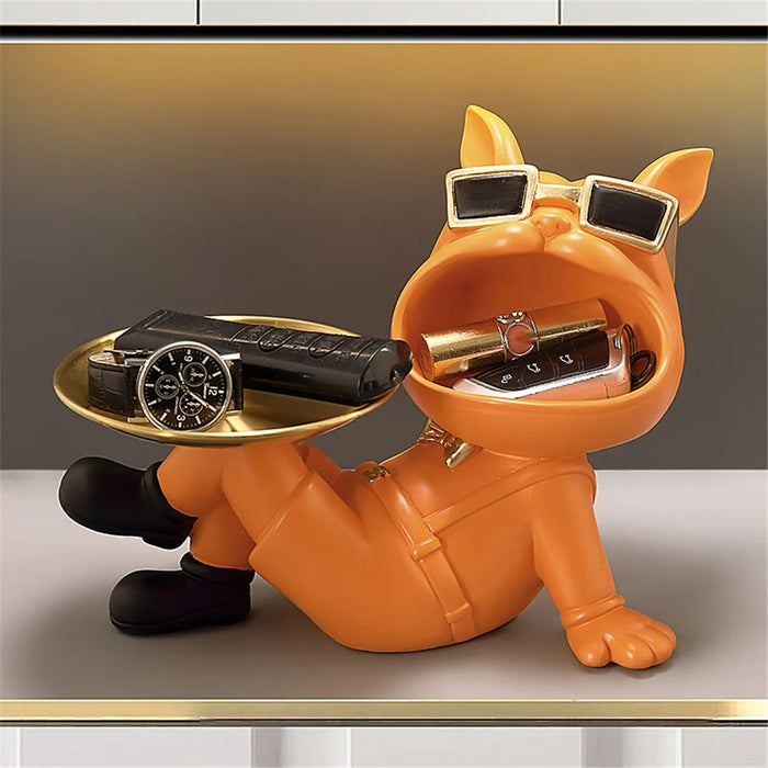 569 Big Mouth Dog Sculpture Entryway Key Storage Tray Home Tabletop Decoration - Orange - 2