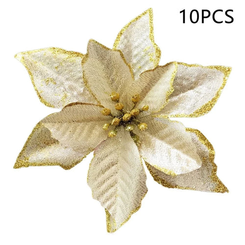 10Pcs Artificial Christmas Flower Xmas Tree Decoration Festival Party Supplies - Gold - 1