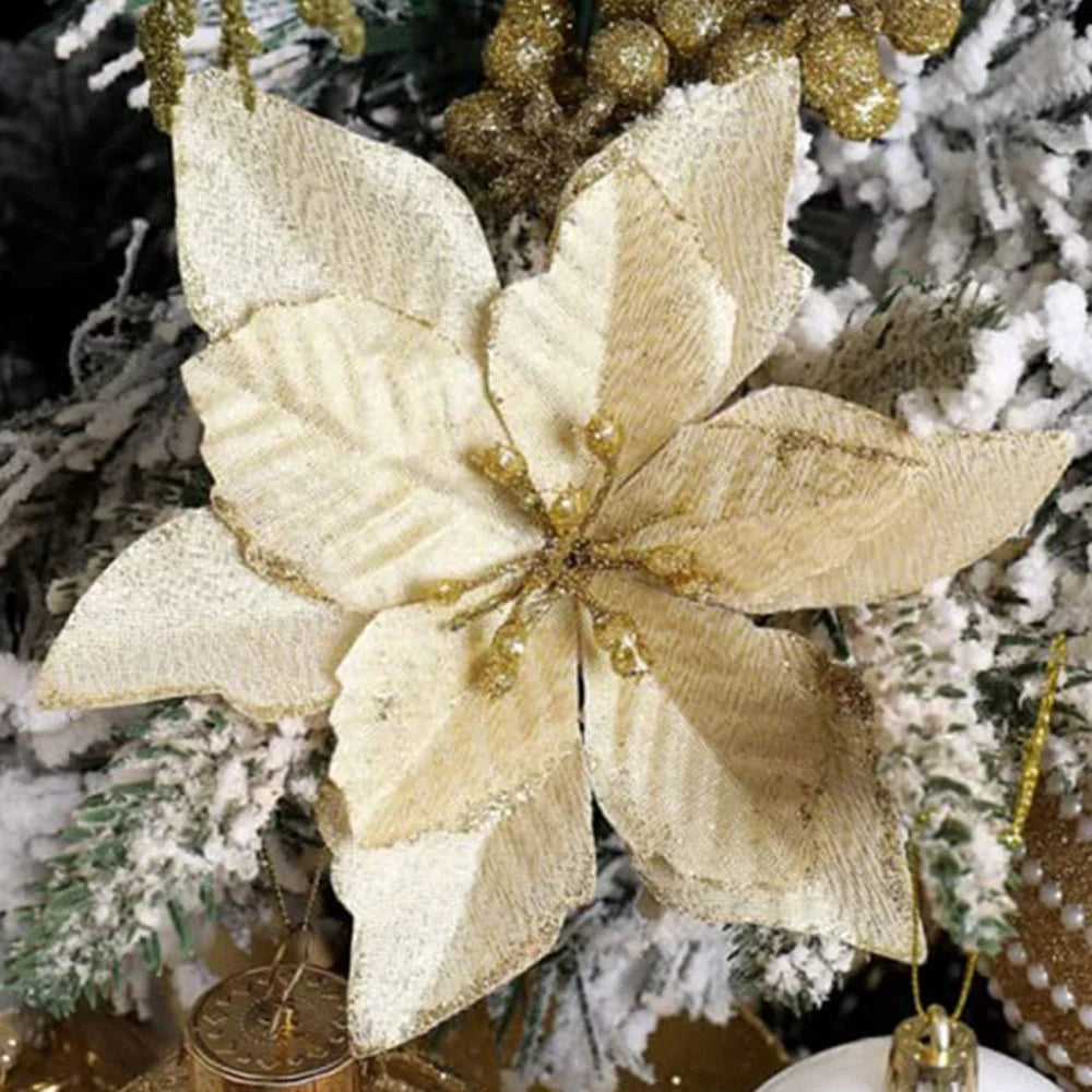 10Pcs Artificial Christmas Flower Xmas Tree Decoration Festival Party Supplies - Gold - 2