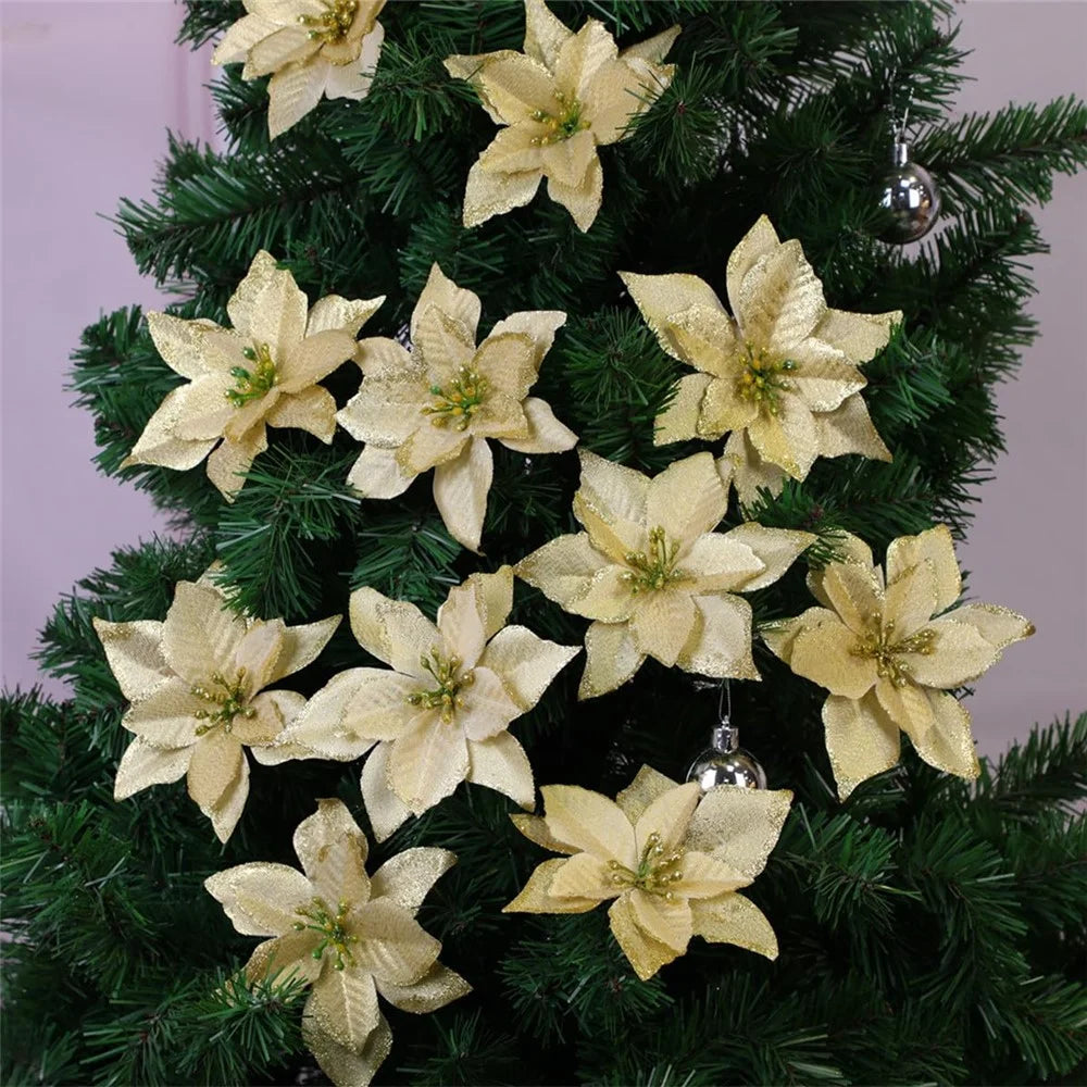 10Pcs Artificial Christmas Flower Xmas Tree Decoration Festival Party Supplies - Gold - 3