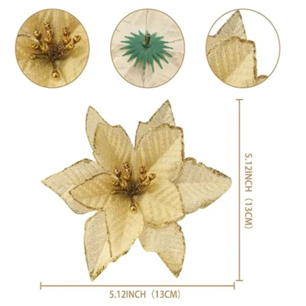 10Pcs Artificial Christmas Flower Xmas Tree Decoration Festival Party Supplies - Gold - 6