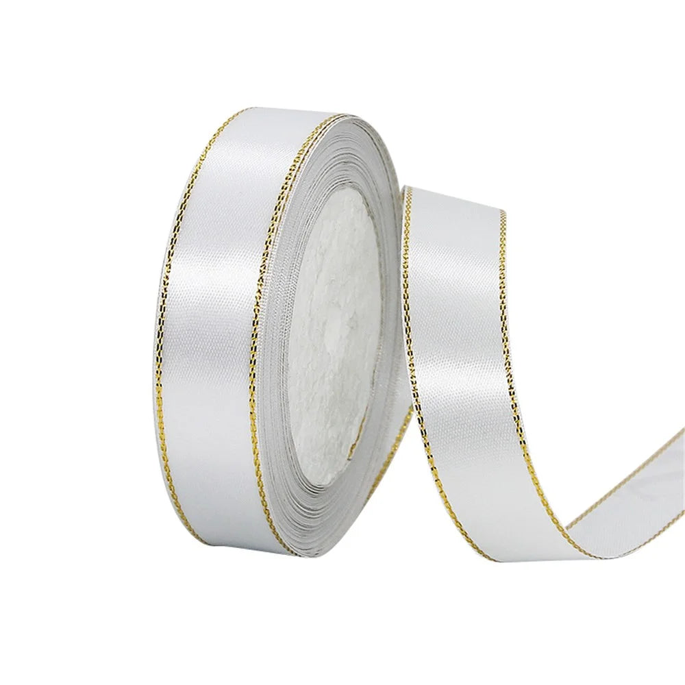 2cm Wide Christmas Gift Wrapping Ribbon Golden Edge Decor Handmade Craft (22m Long) - White - 1