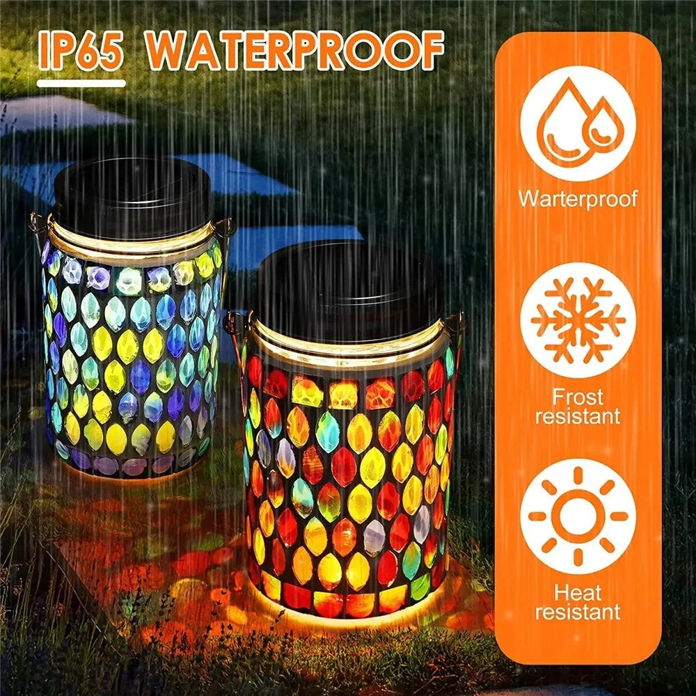 Solar Mosaic Lights Outdoor Hanging Lanterns Waterproof Night Lamps Decorations - Blue - 3