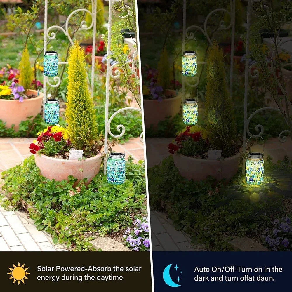 Solar Mosaic Lights Outdoor Hanging Lanterns Waterproof Night Lamps Decorations - Blue - 4