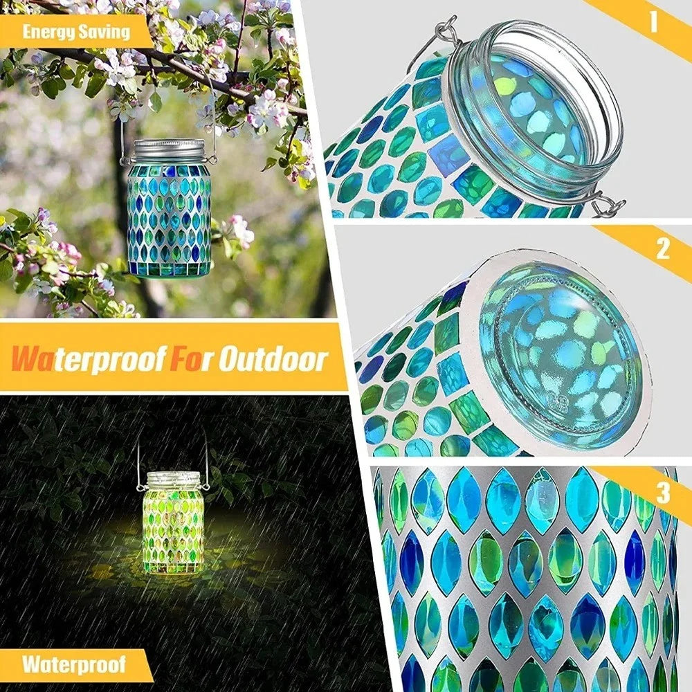 Solar Mosaic Lights Outdoor Hanging Lanterns Waterproof Night Lamps Decorations - Blue - 5