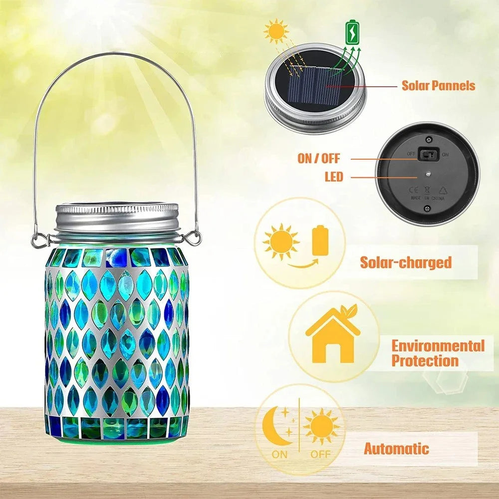 Solar Mosaic Lights Outdoor Hanging Lanterns Waterproof Night Lamps Decorations - Blue - 6