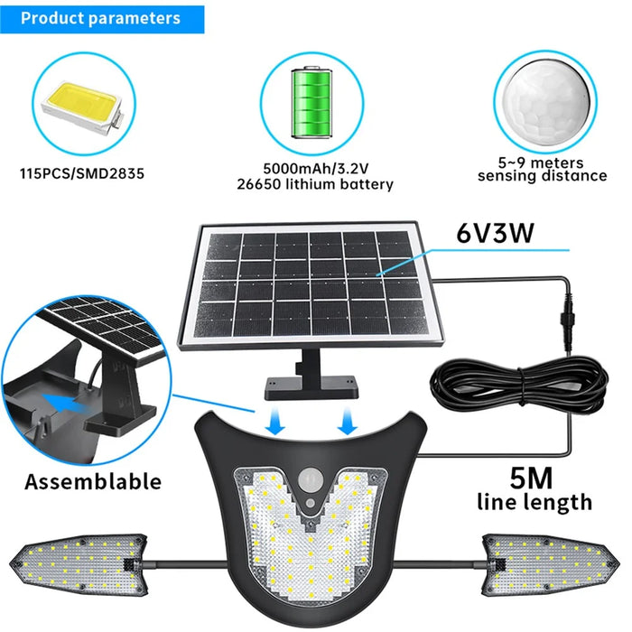 Independent Solar Panel 3-Head LED Wall Lamp PIR Human Body Sensing Villa Garden Yard Light - 2