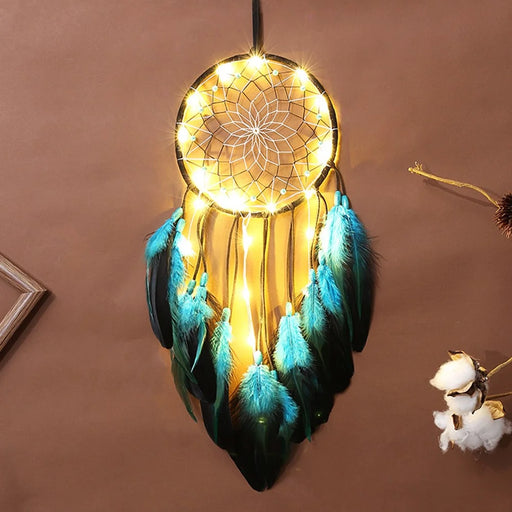 Blue Feather Dream Catcher Hanging Decor Wind Chime Home Wall Ornament with LED Light Strip - 1