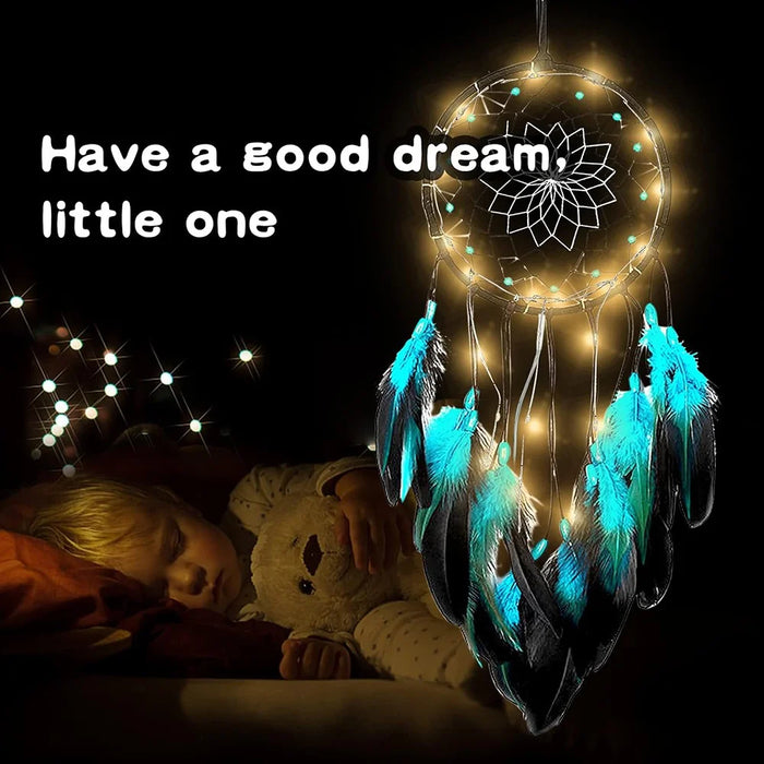 Blue Feather Dream Catcher Hanging Decor Wind Chime Home Wall Ornament with LED Light Strip - 3