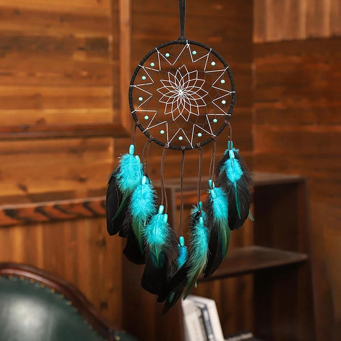 Blue Feather Dream Catcher Hanging Decor Wind Chime Home Wall Ornament with LED Light Strip - 7