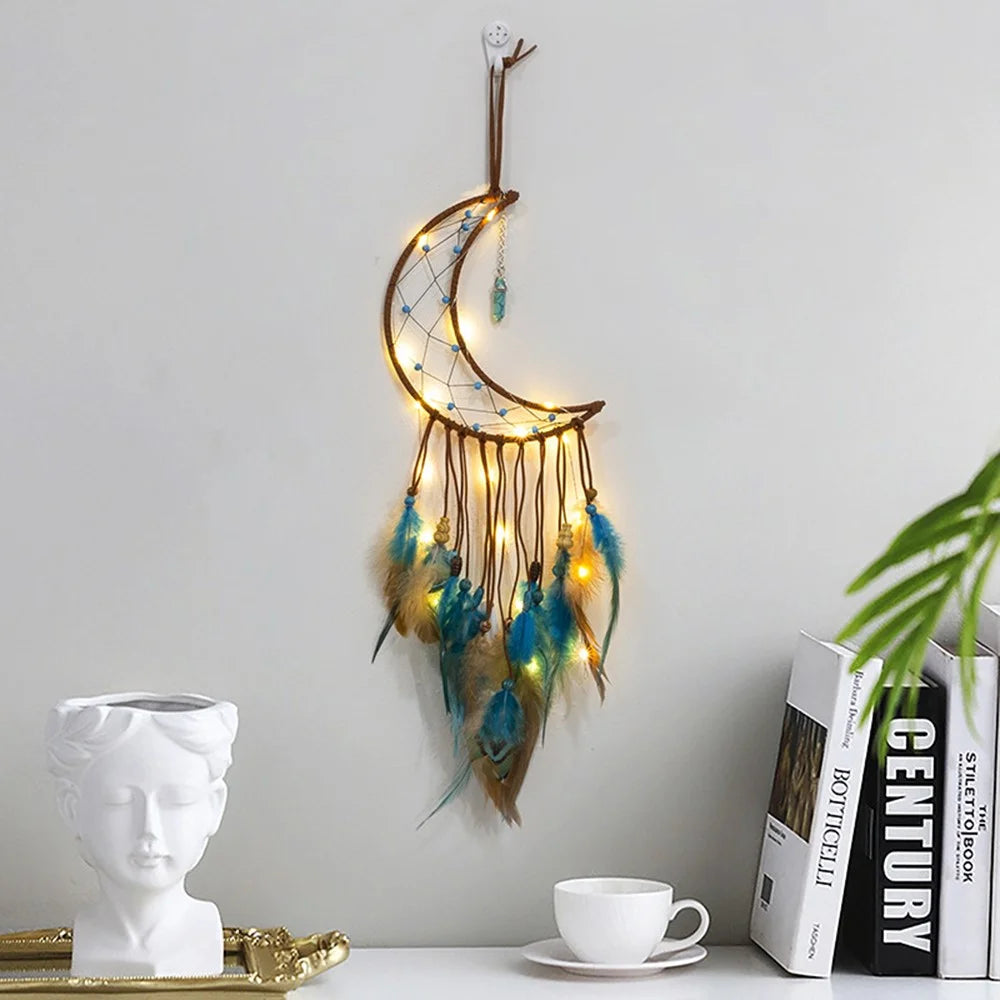 Energy Stone Pendant Feather Dream Catcher Hanging Decor Home Wall Ornament with LED Light Strip - Moon - 1