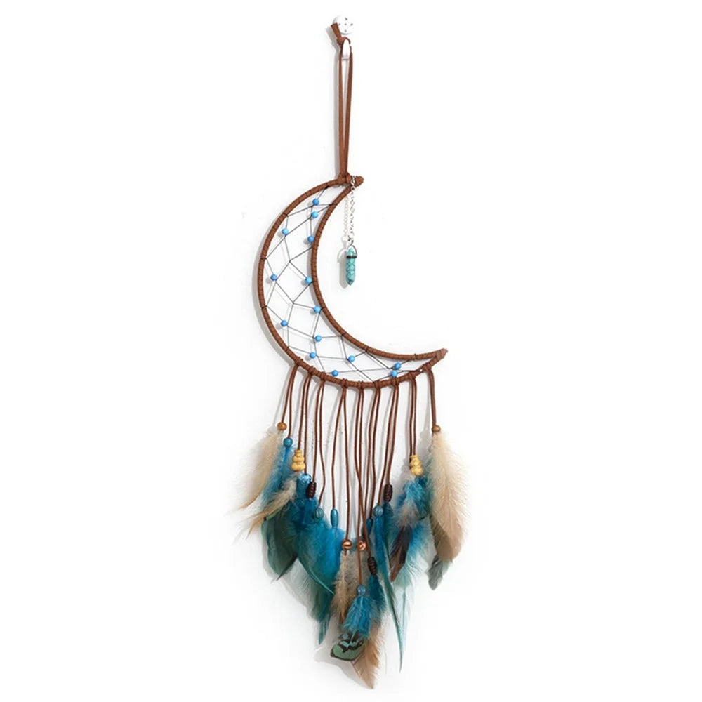 Energy Stone Pendant Feather Dream Catcher Hanging Decor Home Wall Ornament with LED Light Strip - Moon - 2