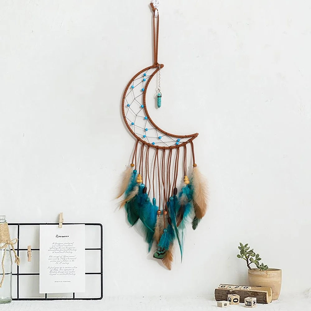 Energy Stone Pendant Feather Dream Catcher Hanging Decor Home Wall Ornament with LED Light Strip - Moon - 4