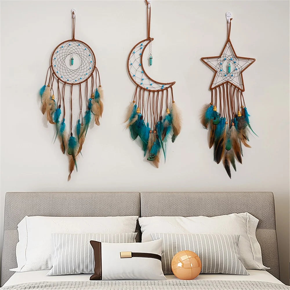 Energy Stone Pendant Feather Dream Catcher Hanging Decor Home Wall Ornament with LED Light Strip - Moon - 5