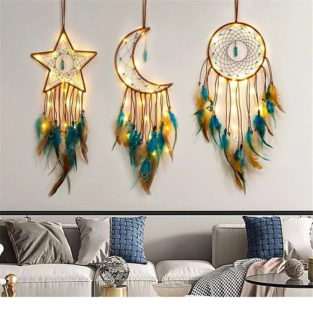 Energy Stone Pendant Feather Dream Catcher Hanging Decor Home Wall Ornament with LED Light Strip - Moon - 6