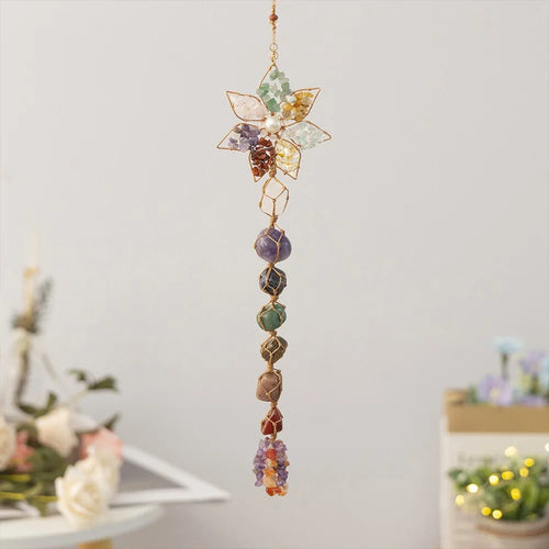 Colorful Natural Stone Seven-Color Crystal Hanging Decor Hand-Woven Lotus Dream Catcher Ornament - 1