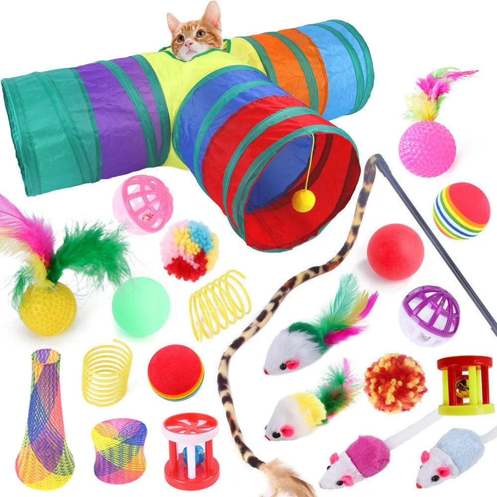 22Pcs  /  Set Cat Toys Set with T-Shaped Colorful Tunnel Interactive Cat Toy Feather Mouse Crinkle Balls - 1