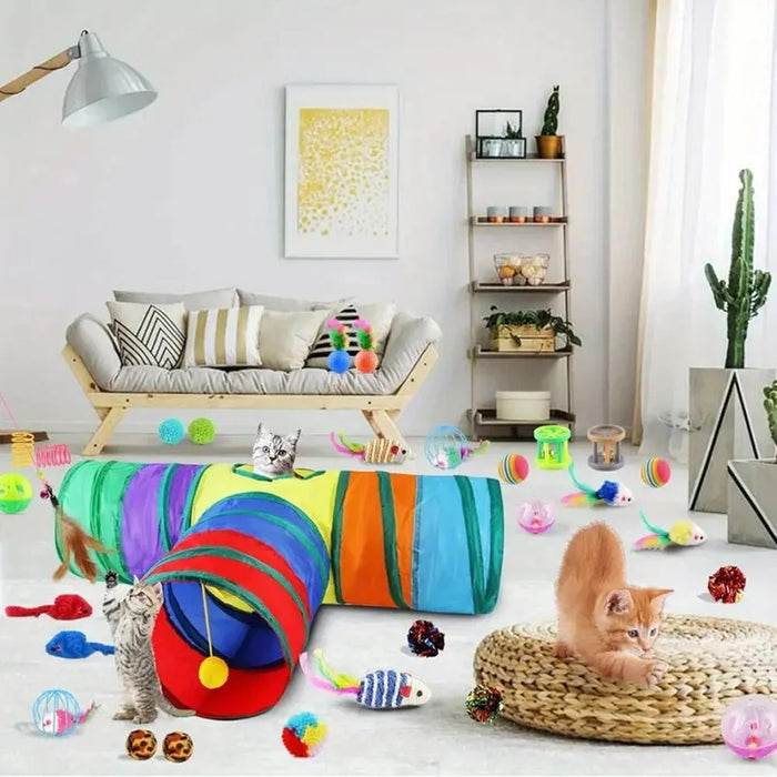 22Pcs  /  Set Cat Toys Set with T-Shaped Colorful Tunnel Interactive Cat Toy Feather Mouse Crinkle Balls - 3