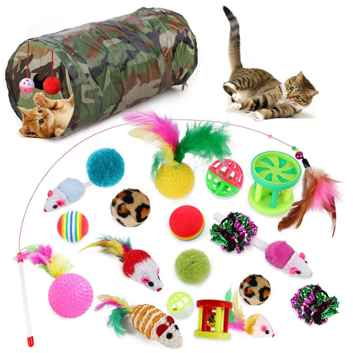 21Pcs / Set Cat Toys Set with Camouflage Tunnel Interactive Cat Toy Feather Mouse Crinkle Balls - 1