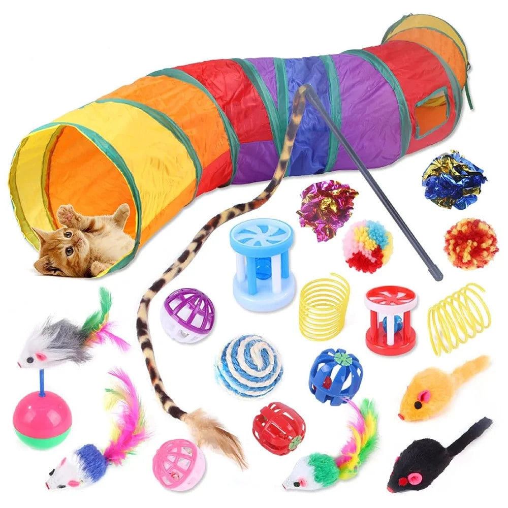 20Pcs / Set Cat Toys Set with Collapsible Rainbow Tunnel Interactive Cat Feather Mouse Crinkle Balls Toy - 1