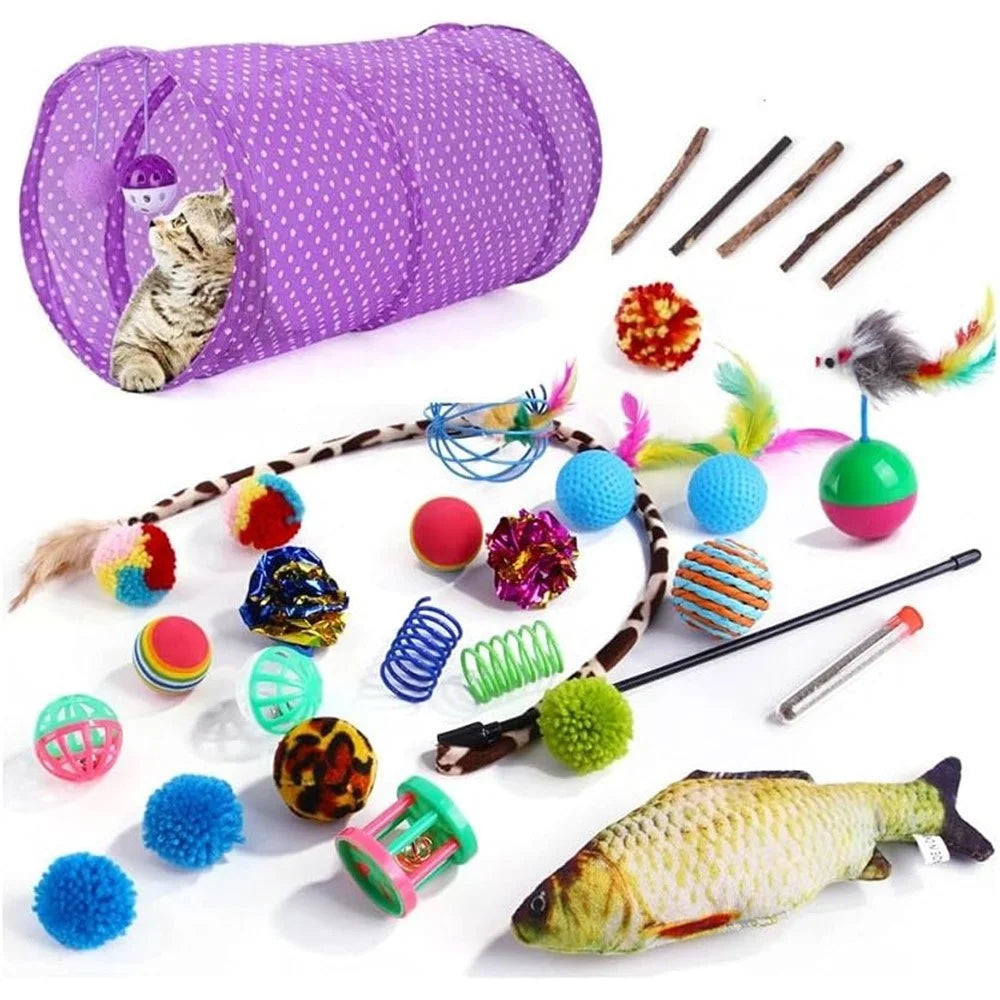 30Pcs / Set Cat Toys Set with Purple Tunnel Interactive Cat Toy Feather Fish Mouse Crinkle Balls - 1