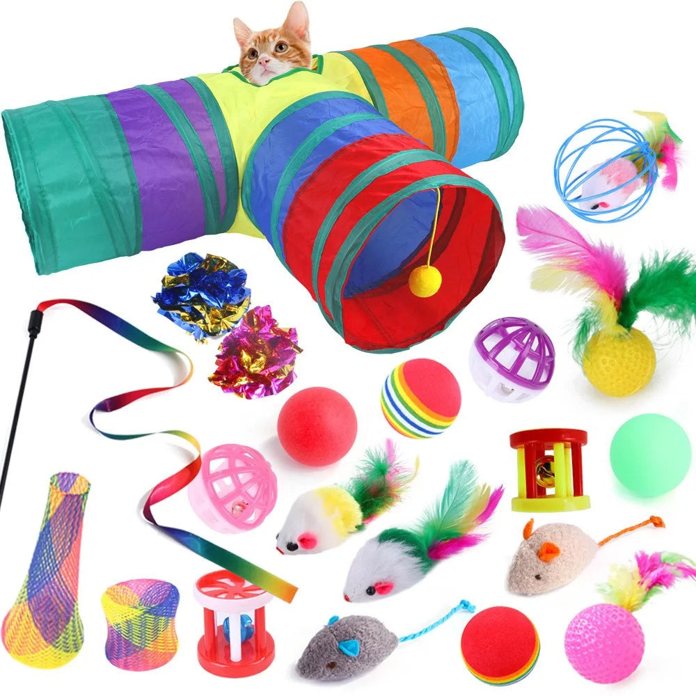 21Pcs / Set Cat Toys Set with T-Shaped Colorful Tunnel Interactive Cat Toy Feather Mouse Crinkle Balls - 1