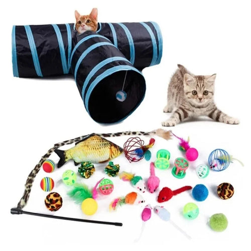 27Pcs / Set Cat Toys Set with T-Shaped Black Tunnel Interactive Cat Toy Feather Fish Mouse Crinkle Balls - 1