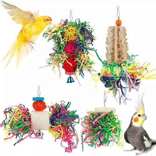4Pcs / Set Parrot Toy Pet Bird Pulling Scratching Biting Paper Rattan Ball Loofah Toy Set - 1