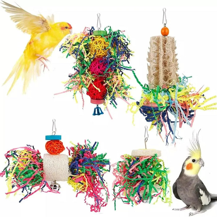4Pcs / Set Parrot Toy Pet Bird Pulling Scratching Biting Paper Rattan Ball Loofah Toy Set - 1