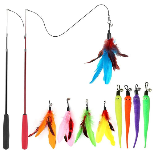 10Pcs / Set Pet Cat Toy Colorful Feather Fishing Rod Caterpillar Bell Replaceable Head Cat Teaser Wand - 1