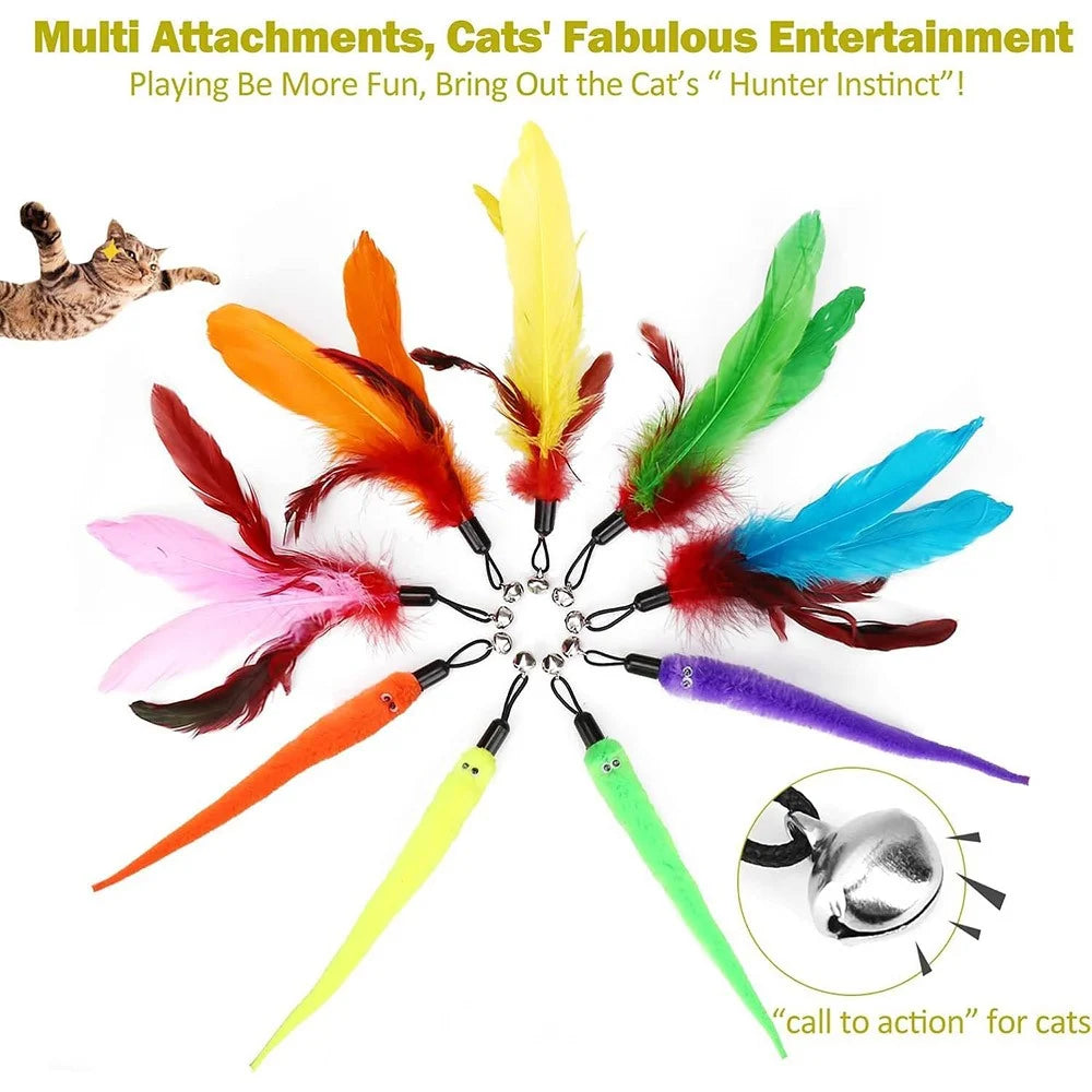 10Pcs / Set Pet Cat Toy Colorful Feather Fishing Rod Caterpillar Bell Replaceable Head Cat Teaser Wand - 2