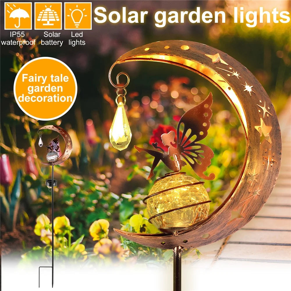 Moon Flower Fairy Design Solar Outdoor Iron Art Glass Ball LED Ground Light Lawn Garden Decor Light - 2