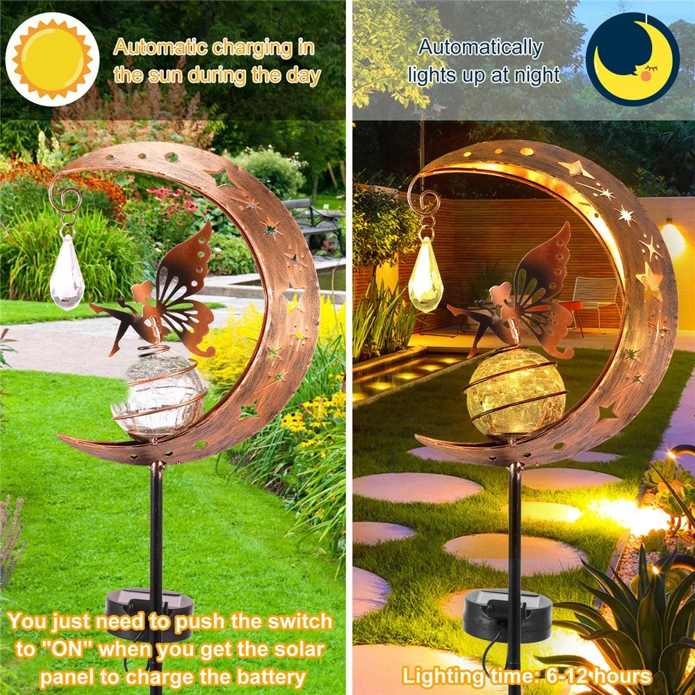 Moon Flower Fairy Design Solar Outdoor Iron Art Glass Ball LED Ground Light Lawn Garden Decor Light - 3