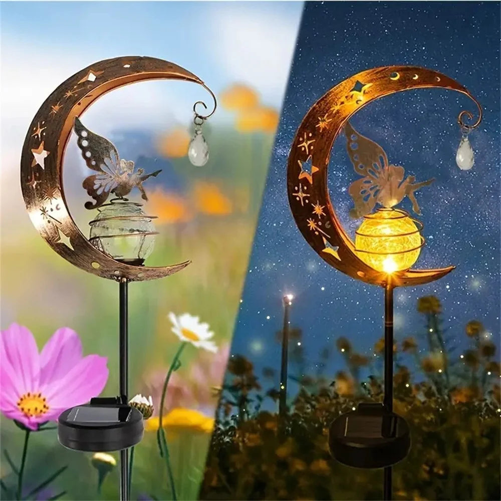 Moon Flower Fairy Design Solar Outdoor Iron Art Glass Ball LED Ground Light Lawn Garden Decor Light - 5