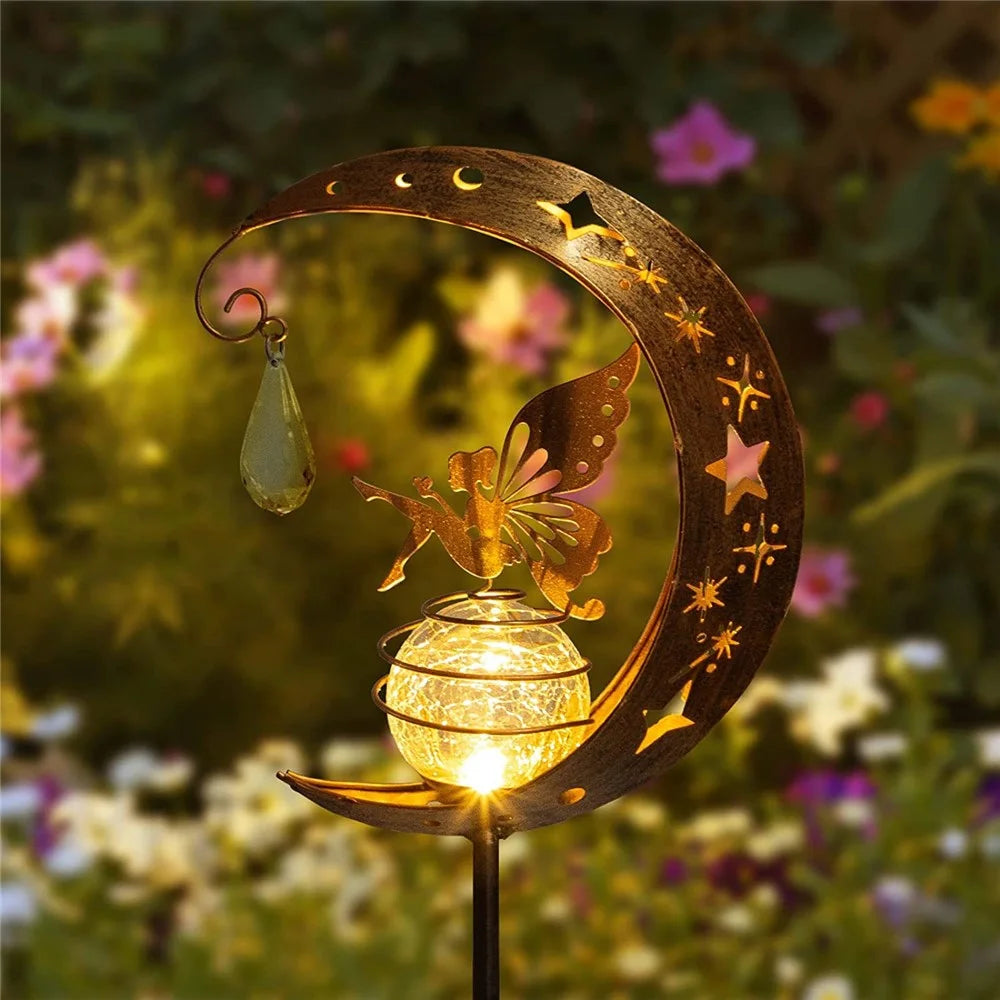 Moon Flower Fairy Design Solar Outdoor Iron Art Glass Ball LED Ground Light Lawn Garden Decor Light - 7