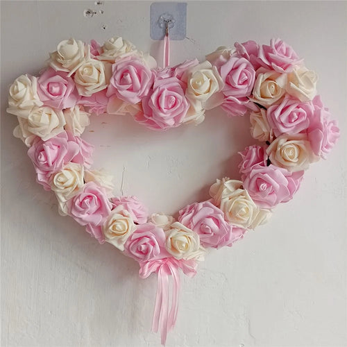 Rose Flower Garland Heart Shape DIY Artificial Rose Wall Hanging Decor for Wedding Festival - Deep Pink - 1