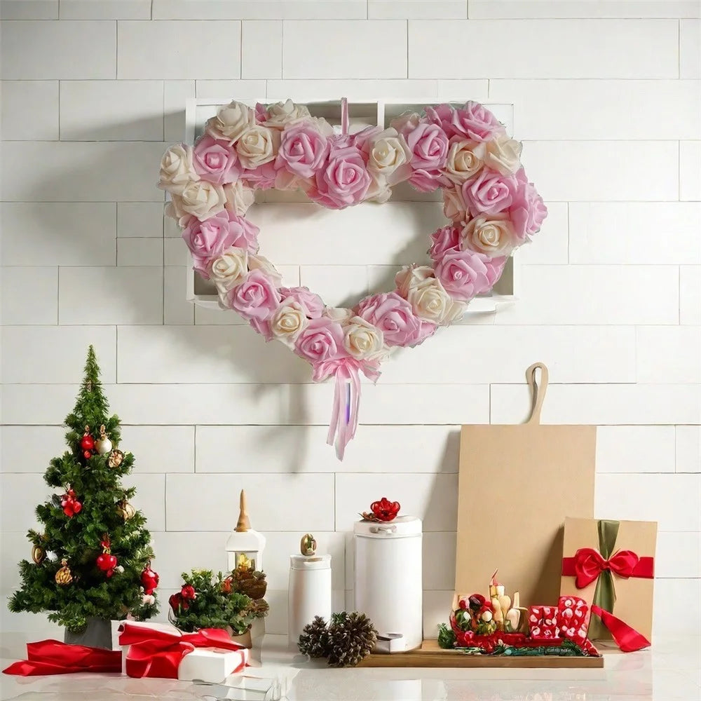 Rose Flower Garland Heart Shape DIY Artificial Rose Wall Hanging Decor for Wedding Festival - Deep Pink - 2
