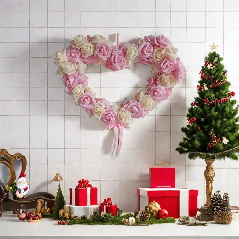 Rose Flower Garland Heart Shape DIY Artificial Rose Wall Hanging Decor for Wedding Festival - Deep Pink - 4