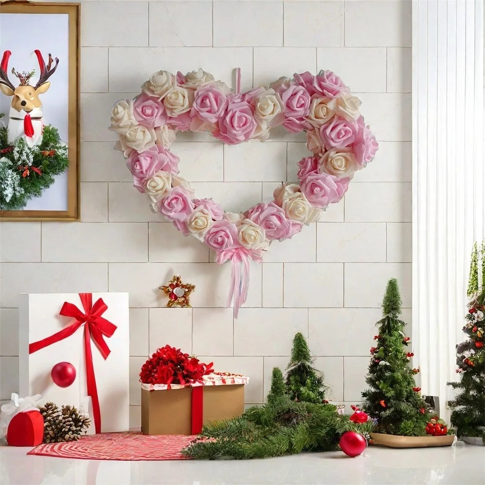 Rose Flower Garland Heart Shape DIY Artificial Rose Wall Hanging Decor for Wedding Festival - Deep Pink - 5