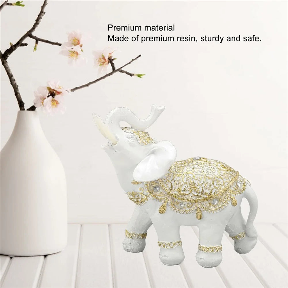 Fortune Lucky Elephant Statue Resin Craft Home Porch Office Desktop Feng Shui Ornament, Size S - White - 3