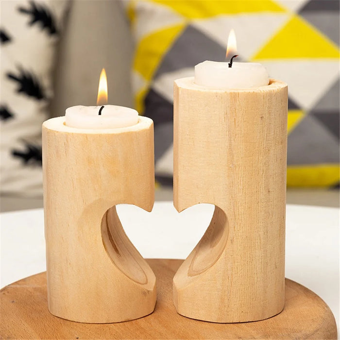 2Pcs / Set Valentine Day Heart Design Round Wooden Candle Holder Romantic Table Decoration - 1
